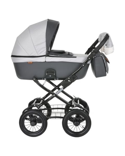Коляска-люлька Pituso Leticia Classic / колеса d12, Узор White + Black + Кожа New Grey (Белый / Черный / Серый)