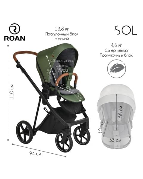 Коляска 2 в 1 Roan Sol, Boho Green (Темно-зеленый)