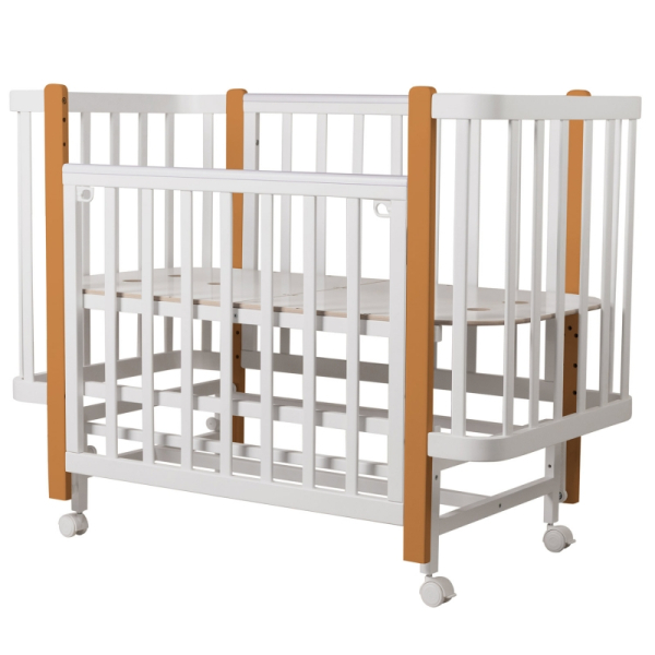 Кровать детская INDIGO Bella (ложе 120х60, закругленные углы, продольный маятник + колеса) массив б (белый-натуральный)