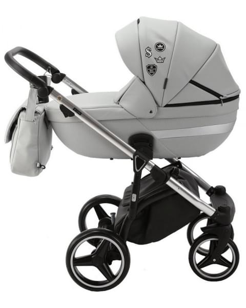 Детская коляска Adamex Cortina Deluxe 2 в 1 CT304 (СВ. СЕР.КОЖА+СЕРЕБ.ОТДЕЛКА+ ХРОМ РАМА)