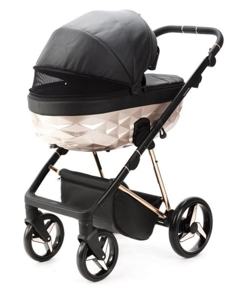Детская коляска Adamex Quantum Star Deluxe 2 в 1 Q-STAR101-K (ЧЕРН.КОЖА+РОЗОВ.ЗОЛОТО РАМА)