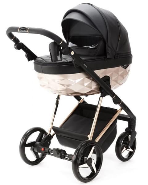 Детская коляска Adamex Quantum Star Deluxe 2 в 1 Q-STAR101-K (ЧЕРН.КОЖА+РОЗОВ.ЗОЛОТО РАМА)