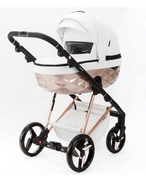 Детская коляска Adamex Quantum Star Deluxe 3 в 1 Q-STAR106-K (БЕЛ.КОЖА+РОЗОВ.ЗОЛОТО РАМА)