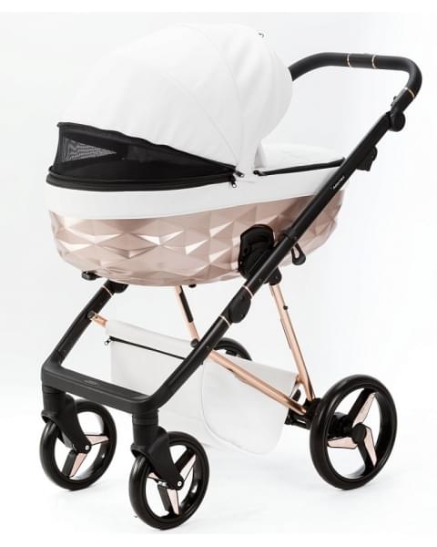 Детская коляска Adamex Quantum Star Deluxe 3 в 1 Q-STAR106-K (БЕЛ.КОЖА+РОЗОВ.ЗОЛОТО РАМА)
