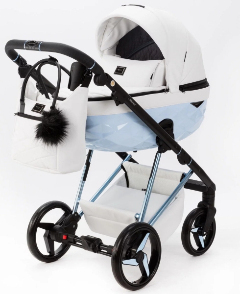 Детская коляска Adamex Quantum Superstar Deluxe 2 в 1 Q-STAR138-K (БЕЛ.КОЖА+ГОЛУБ.ДНО+ГОЛУБ.РАМА)