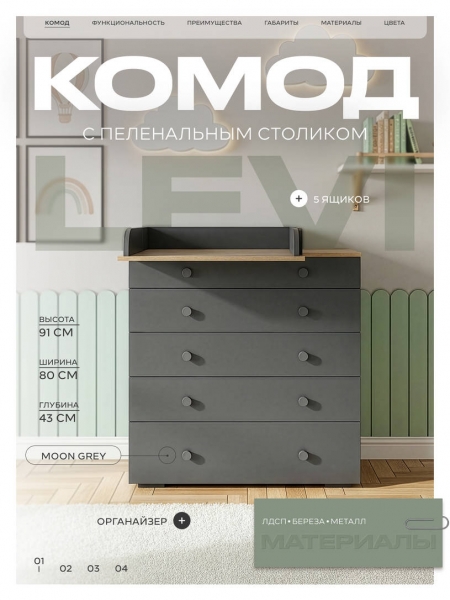 Комод пеленальный Rant Levi 80/5 с органайзером Moon grey