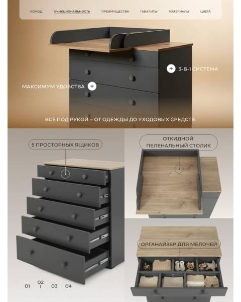 Комод пеленальный Rant Levi 80/5 с органайзером Moon grey