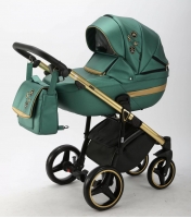Детская коляска Adamex Cortina Deluxe 3 в 1 CT328 ЗЕЛЕН.ПЕРЛ.КОЖА+ЗОЛОТО