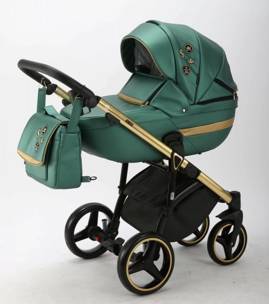 Детская коляска Adamex Cortina Deluxe 3 в 1 CT328 ЗЕЛЕН.ПЕРЛ.КОЖА+ЗОЛОТО
