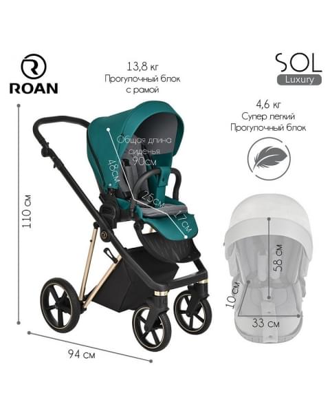 Детская коляска Roan Sol Luxury 3 в 1 с автокреслом Tutis Elo Lux EduSky Black RSL/4045 Deep Lake/Gold