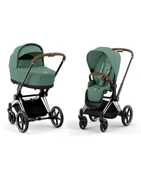 Коляска 3 в 1 Cybex Priam IV Chrome Brown complete и автокресло Aton B2 i-Size Bay Blue Leaf Green