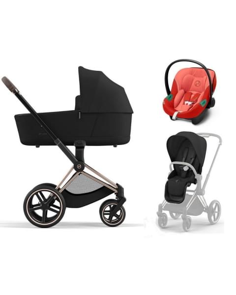 Коляска 3 в 1 Cybex Priam IV Rosegold и автокресло Aton S2 i-Size с базой Base One Sepia Black/Hibiscus Red