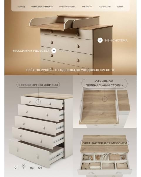 Комод пеленальный Rant Levi 80/5 с органайзером Crystal beige