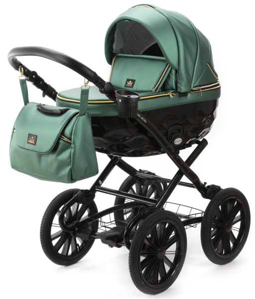 Детская коляска Adamex Chantal Retro Deluxe 2 в 1 C105B (ИЗУМРДНАЯ 100% КОЖА-ЗОЛОТЫЕ МОЛНИИ)