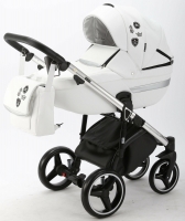Детская коляска Adamex Cortina Deluxe 3 в 1 CT301 (БЕЛ.КОЖА+СЕРЕБ.ОТДЕЛКА+ ХРОМ РАМА)