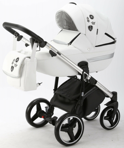 Детская коляска Adamex Cortina Deluxe 3 в 1 CT301 (БЕЛ.КОЖА+СЕРЕБ.ОТДЕЛКА+ ХРОМ РАМА)