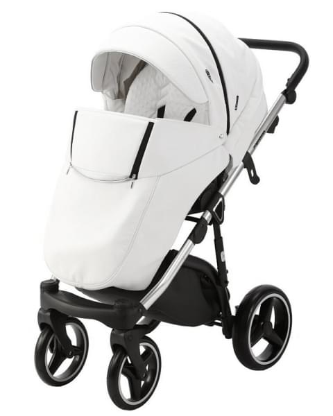 Детская коляска Adamex Cortina Deluxe 3 в 1 CT301 (БЕЛ.КОЖА+СЕРЕБ.ОТДЕЛКА+ ХРОМ РАМА)