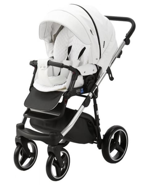 Детская коляска Adamex Cortina Deluxe 3 в 1 CT301 (БЕЛ.КОЖА+СЕРЕБ.ОТДЕЛКА+ ХРОМ РАМА)