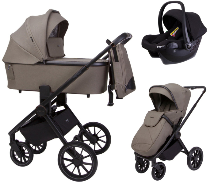 Детская коляска Peppy Monaco 3 в 1 с автокреслом Rise Black Sandstone (песочный), рама черная