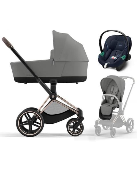 Коляска 3 в 1 Cybex Priam IV Rosegold и автокресло Aton S2 i-Size с базой Base One Mirage Grey/Ocean Blue