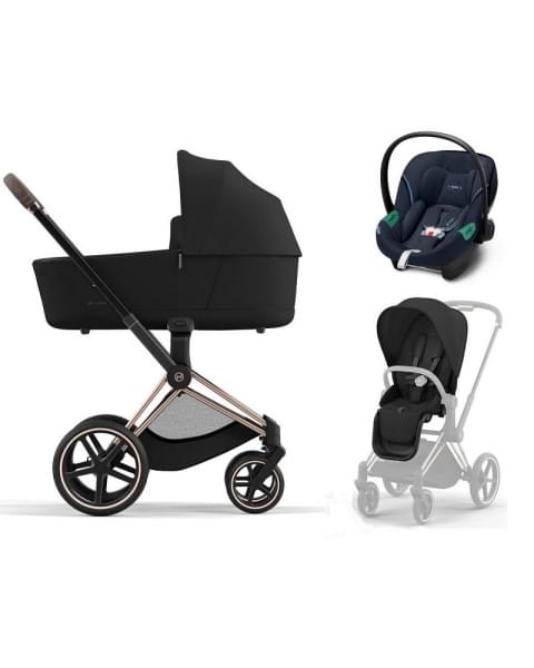 Коляска 3 в 1 Cybex Priam IV Rosegold и автокресло Aton S2 i-Size с базой Base One Sepia Black/Ocean Blue