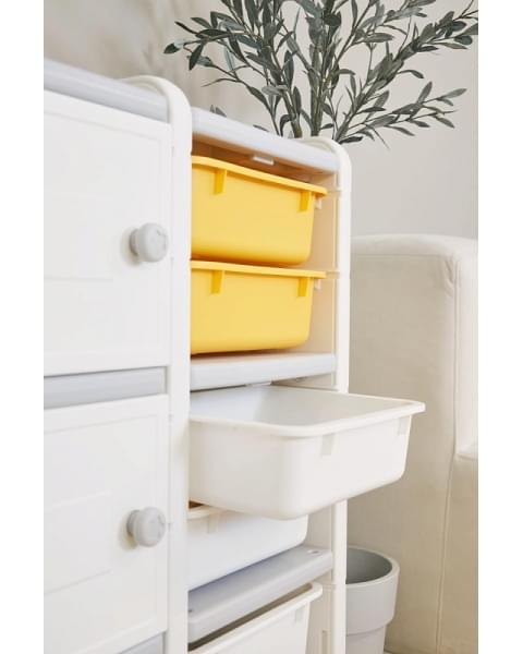 Стеллаж для игрушек UNIX Kids Moon 8 (3 полки + 5 ящиков) желтый/белый