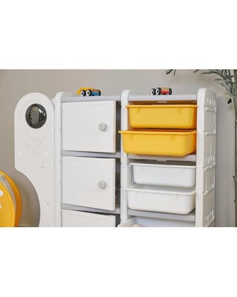 Стеллаж для игрушек UNIX Kids Moon 8 (3 полки + 5 ящиков) желтый/белый