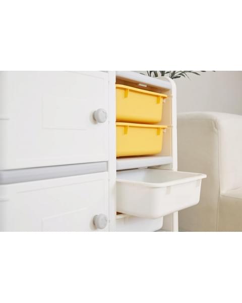 Стеллаж для игрушек UNIX Kids Moon 8 (3 полки + 5 ящиков) желтый/белый