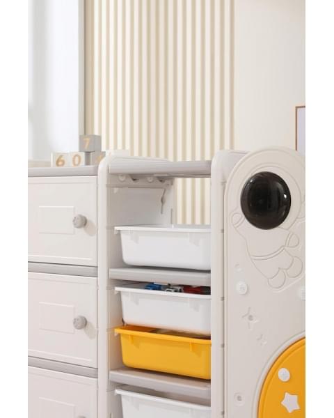 Стеллаж для игрушек UNIX Kids Moon 8 (3 полки + 5 ящиков) желтый/белый