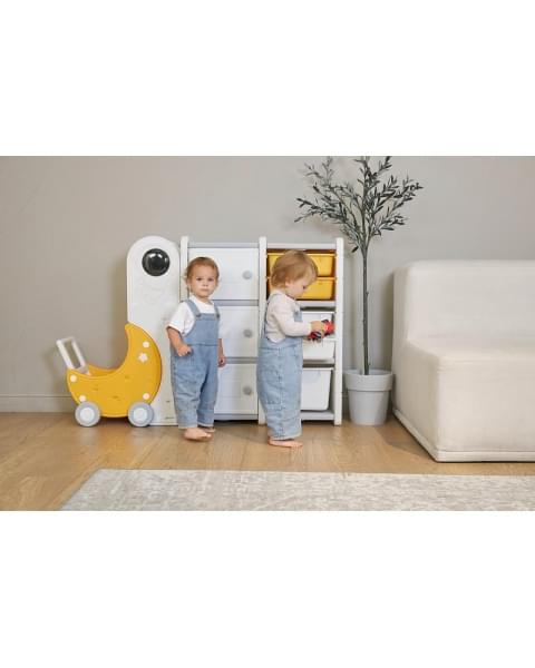 Стеллаж для игрушек UNIX Kids Moon 8 (3 полки + 5 ящиков) желтый/белый