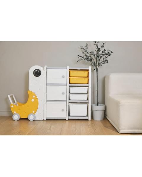 Стеллаж для игрушек UNIX Kids Moon 8 (3 полки + 5 ящиков) желтый/белый