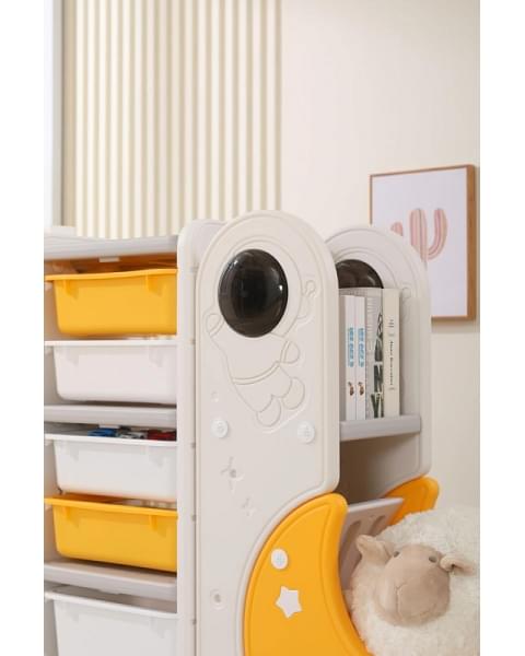 Стеллаж для игрушек UNIX Kids Moon 8 (3 полки + 5 ящиков) желтый/белый