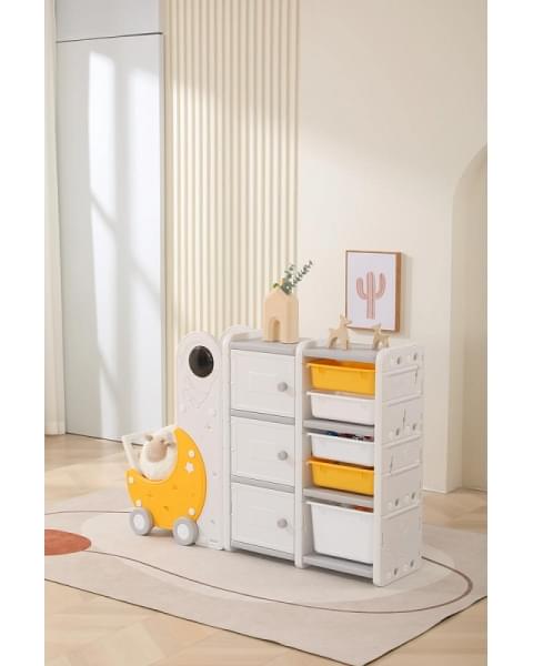 Стеллаж для игрушек UNIX Kids Moon 8 (3 полки + 5 ящиков) желтый/белый
