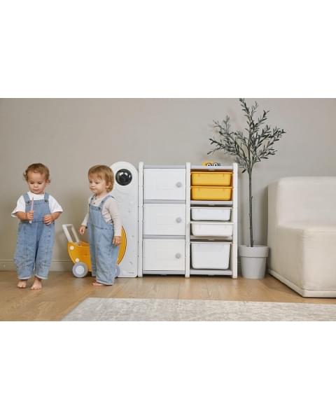 Стеллаж для игрушек UNIX Kids Moon 8 (3 полки + 5 ящиков) желтый/белый