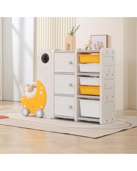 Стеллаж для игрушек UNIX Kids Moon 8 (3 полки + 5 ящиков) желтый/белый