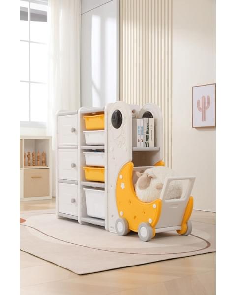 Стеллаж для игрушек UNIX Kids Moon 8 (3 полки + 5 ящиков) желтый/белый