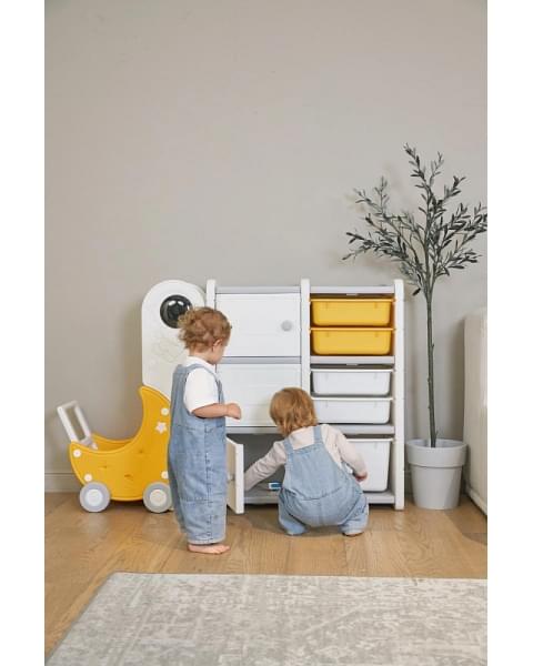 Стеллаж для игрушек UNIX Kids Moon 8 (3 полки + 5 ящиков) желтый/белый