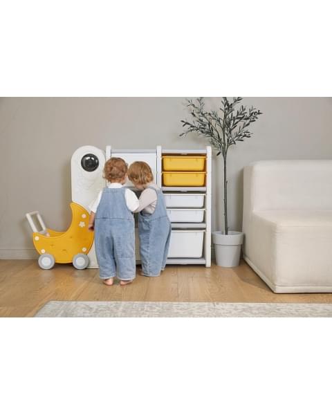 Стеллаж для игрушек UNIX Kids Moon 8 (3 полки + 5 ящиков) желтый/белый