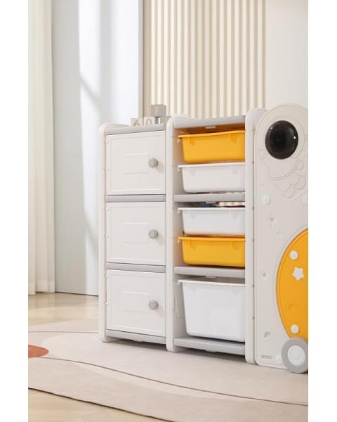 Стеллаж для игрушек UNIX Kids Moon 8 (3 полки + 5 ящиков) желтый/белый