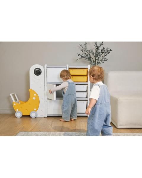 Стеллаж для игрушек UNIX Kids Moon 8 (3 полки + 5 ящиков) желтый/белый