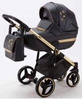 Детская коляска Adamex Cortina Deluxe 3 в 1 CT333 (ЧЕРН.КОЖА+ЗОЛОТ.ОТДЕЛКА+ЗОЛОТО РАМА)