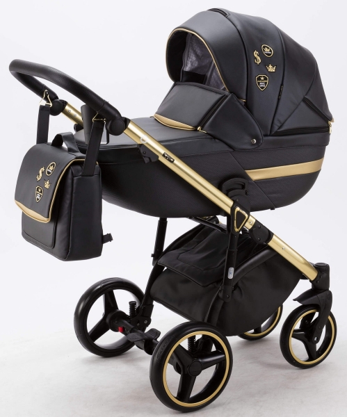 Детская коляска Adamex Cortina Deluxe 3 в 1 CT333 (ЧЕРН.КОЖА+ЗОЛОТ.ОТДЕЛКА+ЗОЛОТО РАМА)