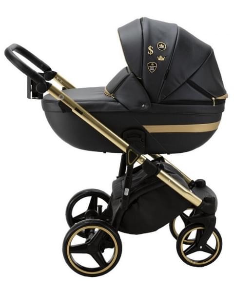 Детская коляска Adamex Cortina Deluxe 3 в 1 CT333 (ЧЕРН.КОЖА+ЗОЛОТ.ОТДЕЛКА+ЗОЛОТО РАМА)