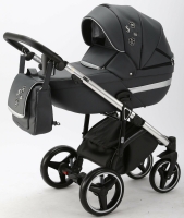 Детская коляска Adamex Cortina Deluxe 3 в 1 CT334 (ЧЕРН.КОЖА+СЕРЕБ.ОТДЕЛКА+ ХРОМ РАМА)