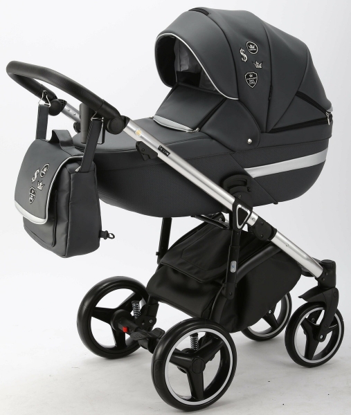 Детская коляска Adamex Cortina Deluxe 3 в 1 CT334 (ЧЕРН.КОЖА+СЕРЕБ.ОТДЕЛКА+ ХРОМ РАМА)