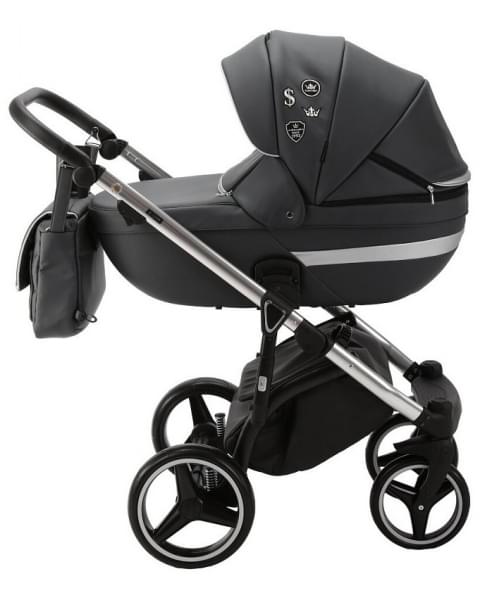 Детская коляска Adamex Cortina Deluxe 3 в 1 CT334 (ЧЕРН.КОЖА+СЕРЕБ.ОТДЕЛКА+ ХРОМ РАМА)