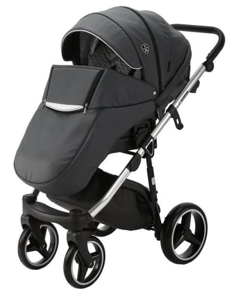 Детская коляска Adamex Cortina Deluxe 3 в 1 CT334 (ЧЕРН.КОЖА+СЕРЕБ.ОТДЕЛКА+ ХРОМ РАМА)