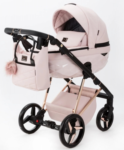Детская коляска Adamex Quantum Superstar Deluxe 3 в 1 Q-STAR134-K (СВ.РОЗОВ.КОЖА+РОЗОВ.ДНО+РОЗОВ.ЗОЛОТО РАМА)
