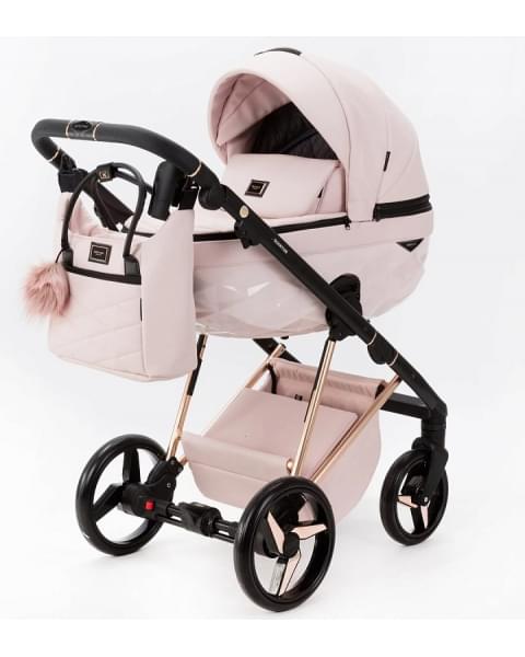 Детская коляска Adamex Quantum Superstar Deluxe 3 в 1 Q-STAR134-K (СВ.РОЗОВ.КОЖА+РОЗОВ.ДНО+РОЗОВ.ЗОЛОТО РАМА)