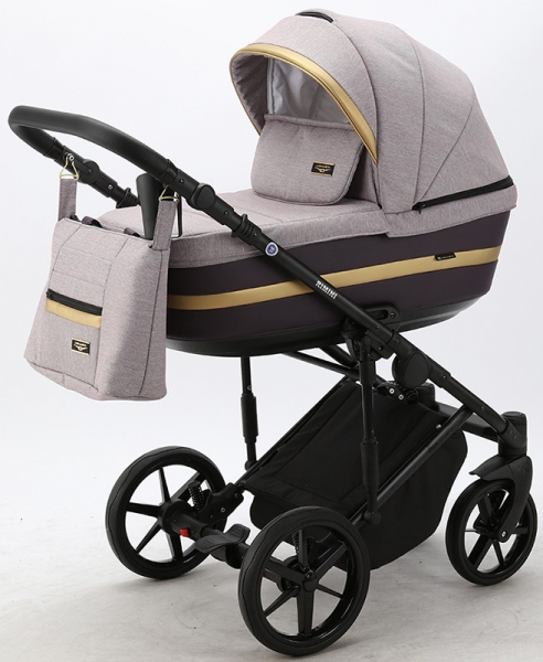 Детская коляска Adamex Rimini 2 в 1 RI14-LUX СЕРО-РОЗОВ+СЛИВОВ.КОЖА+ЗОЛОТО.ОТДЕЛКА